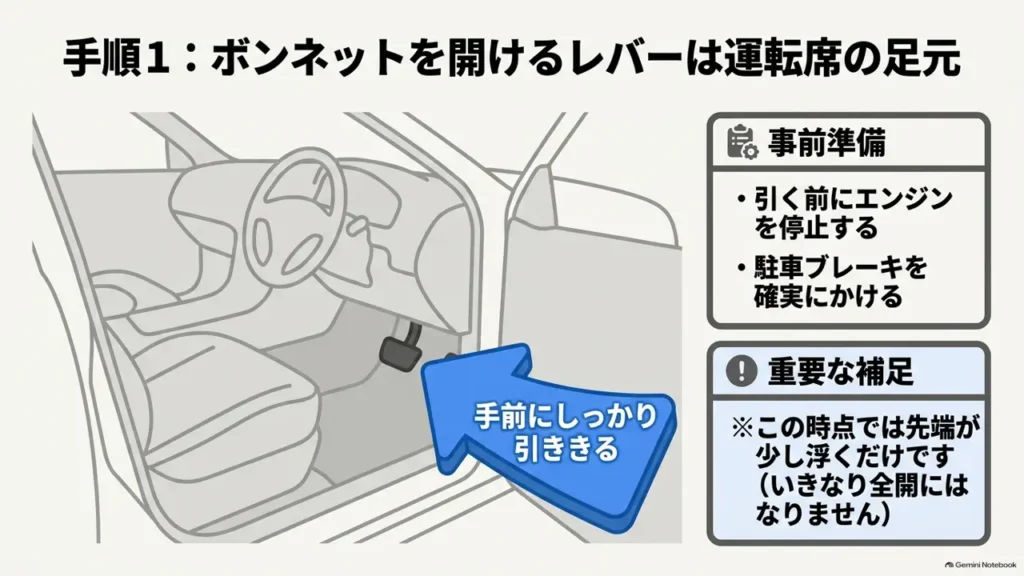 hustler-bonnet-opener-lever-footwell-location