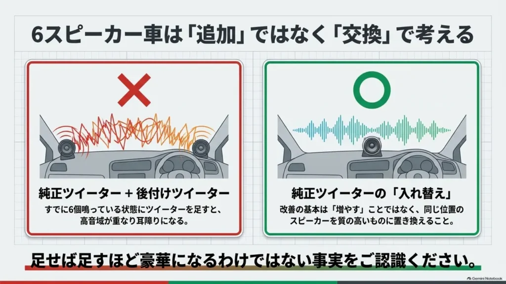 6スピーカー車は追加ではなく交換で考える