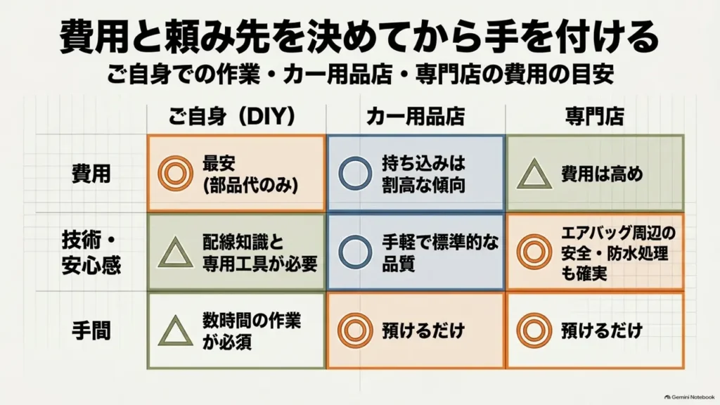 DIYとカー用品店と専門店の費用の目安